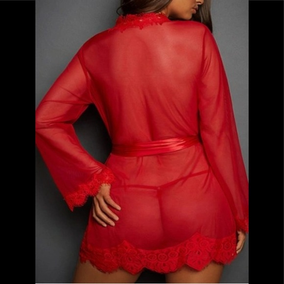🌹Red Lace C-Thru Robe W/Belt Set🌹Perfect for A Red Hot Nightwear Lingerie Set - Picture 3 of 3